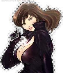 Rule 34 | 1girl, between breasts, biker clothes, bikesuit, bodysuit, breasts, brown eyes, brown hair, center opening, cleavage, copyright notice, from side, gloves, gun, head tilt, huge breasts, long hair, lupin iii, mine fujiko, popped collar, ri-ko, simple background, solo, swept bangs, tms entertainment, unzipped, weapon
