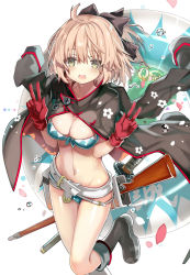 Rule 34 | 1girl, :d, adapted costume, belt, belt buckle, bikini, black bow, black jacket, black legwear, blonde hair, boots, bow, breasts, buckle, cleavage, collarbone, commentary request, cowboy shot, double w, fate (series), front-tie bikini top, front-tie top, fur-trimmed boots, fur trim, gloves, green bikini, groin, hair between eyes, hair bow, hands up, haori, highres, jacket, jacket on shoulders, japanese clothes, katana, knee boots, koha-ace, large breasts, leg up, legs together, long sleeves, looking at viewer, medium breasts, navel, okita souji (fate), okita souji (koha-ace), open mouth, petals, red gloves, scabbard, sheath, shino (eefy), shinsengumi, shoes, short hair, simple background, smile, solo, standing, standing on one leg, stomach, swimsuit, sword, thighs, unsheathed, w, water drop, weapon, white background, yellow eyes