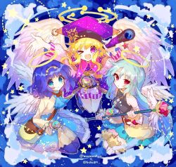 3girls, ;d, angel wings, aqua skirt, blonde hair, blue dress, blue eyes, blue hair, blue neckwear, blush, character request, collaboration, cravat, dress, feathered wings, halo, hat, headband, hibi89, holding, holding staff, holding telescope, kneeling, long hair, long sleeves, looking at viewer, merc storia, multiple girls, one eye closed, open mouth, purple eyes, purple headwear, red eyes, seiza, shirt, shorts, sitting, skirt, smile, staff, star (symbol), tabard, telescope, white shirt, white wings, wings