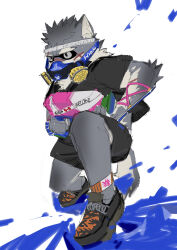 1boy animal_ear_fluff animal_ears ankleband black_footwear black_shirt black_shorts brown_fur commentary dog_boy dog_ears dog_tail facial_scar furry furry_male gas_mask gauntlets headband highres holding holding_water_gun looking_to_the_side mask moritaka_(housamo) nintendo paint_splatter quirrel_(gharnedanshyo) scar scar_across_eyebrow scar_on_arm scar_on_cheek scar_on_face scar_on_nose shirt shorts splatoon_(series) tail tokyo_houkago_summoners water_gun white_background