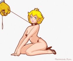 Rule 34 | 1boy, 1girl, artist name, bare arms, bare legs, bare shoulders, bdsm, black collar, black footwear, black panties, blonde hair, blue eyes, bowser, bracelet, breasts, claws, clenched hand, closed mouth, collar, collarbone, crown, eyelashes, from side, full body, heart, heart pasties, high heels, holding, holding leash, jewelry, leash, legs, lips, looking away, mario (series), marmalade mum, medium breasts, navel, nintendo, panties, pasties, pet play, pink lips, princess peach, short hair, simple background, sitting, slave, smile, solo focus, spiked bracelet, spikes, super mario bros. 1, underwear, wariza, white background