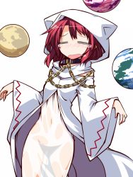 Rule 34 | 1girl, = =, alternate costume, animal hood, blush, chain, collar, cosplay, earth (planet), hecatia lapislazuli, hemogurobin a1c, hood, moon, no headwear, open mouth, planet, red hair, robe, see-through, simple background, solo, tears, touhou, wet, wet clothes, white mage (final fantasy), white mage (final fantasy) (cosplay), white robe