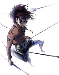 Rule 34 | 1girl, androgynous, belt, boots, brown hair, dual wielding, full body, gas can, goggles, goggles on head, hange zoe, holding, jacket, marichi, ponytail, shingeki no kyojin, solo, sword, thigh strap, three-dimensional maneuver gear, weapon, white background