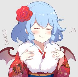 Rule 34 | 1girl, 60mai, puff of air, alternate costume, bat wings, blue hair, blush, closed eyes, commentary request, fang, fang out, feather boa, floral print, flower, grey background, hair between eyes, hair flower, hair ornament, hands up, japanese clothes, kimono, long sleeves, no headwear, obi, red flower, red kimono, remilia scarlet, sash, short hair, simple background, smile, solo, touhou, translation request, upper body, wide sleeves, wings