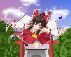 Rule 34 | 1girl, bow, brown hair, detached sleeves, female focus, full body, hair bow, hair tubes, hakurei reimu, highres, japanese clothes, miko, mimix33, nature, ofuda, open mouth, outdoors, plant, sky, solo, torii, touhou, yin yang