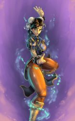 Rule 34 | 1girl, absurdres, aura, black hair, blue dress, boots, breasts, brown pantyhose, bun cover, capcom, china dress, chinese clothes, chun-li, cross-laced footwear, double bun, dress, earrings, eyebrows, fighting stance, full body, glv, hair bun, highres, jewelry, knee boots, lace-up boots, lips, medium breasts, nose, pantyhose, pelvic curtain, puffy short sleeves, puffy sleeves, serious, short hair, short sleeves, solo, street fighter, thick thighs, thighs