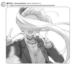 Rule 34 | 1girl, :d, bag, blazer, blush, bow, bowtie, cardigan, collared shirt, double v, earrings, facing viewer, floating hair, forehead, greyscale, h (eitilog), highres, hoshikawa sara, jacket, jewelry, long hair, long sleeves, monochrome, nijisanji, open clothes, open jacket, open mouth, school bag, school uniform, selfie, shirt, sidelocks, smile, social network, solo, translated, twintails, upper body, v, v-neck, virtual youtuber, wind