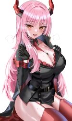 Rule 34 | 1girl, absurdres, belt, between breasts, black belt, black gloves, blue archive, blush, breasts, commentary, english commentary, gloves, hanasaka houcha, highres, horns, large breasts, long hair, long sleeves, looking at viewer, necktie, open mouth, pink hair, red garter straps, red necktie, red thighhighs, satsuki (blue archive), simple background, smile, solo, thighhighs, thighs, white background, yellow eyes