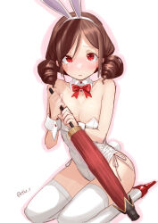 Rule 34 | 1girl, alternate costume, animal ears, bow, bowtie, breasts, brown hair, cleavage, closed umbrella, detached collar, drill hair, fake animal ears, hair bow, harukaze (kancolle), kantai collection, leotard, medium breasts, oil-paper umbrella, one-hour drawing challenge, playboy bunny, rabbit ears, rabbit tail, red bow, red bowtie, red eyes, red umbrella, side-tie leotard, simple background, solo, strapless, strapless leotard, tail, tetsukuzu (yajirushi shita), thighhighs, twin drills, umbrella, white background, white leotard, white thighhighs, wrist cuffs