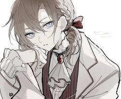 Rule 34 | ! (rsa yuhr), 1boy, alternate costume, ascot, blue eyes, bow, braid, brooch, brown hair, edgar valden, french braid, frilled shirt collar, frilled sleeves, frills, gem, hair between eyes, hair bow, hand on own face, head rest, highres, identity v, jacket, jewelry, looking at viewer, low ponytail, male focus, parted lips, red bow, red gemstone, red vest, simple background, solo, striped bow, striped clothes, striped vest, upper body, vertical-striped clothes, vertical-striped vest, vest, white ascot, white background, white jacket