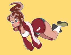 Rule 34 | 1girl, asahina aoi, bad id, bad pixiv id, blue eyes, brown hair, danganronpa: trigger happy havoc, danganronpa (series), dark-skinned female, dark skin, doughnut, food, high ponytail, legs, mouth hold, outline, ponytail, short shorts, shorts, simple background, sleeves past wrists, socks, solo, sportswear, tank top, yellow background