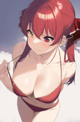 Rule 34 | 1girl, absurdres, arm behind back, bikini, bikini pull, blush, breasts, cleavage, closed mouth, clothes pull, collarbone, gold trim, heterochromia, highres, hololive, houshou marine, houshou marine (summer), large breasts, long hair, navel, pulling own clothes, red bikini, red eyes, red hair, solo, stomach, strap pull, sweatdrop, swimsuit, twintails, vezbin, virtual youtuber, yellow eyes