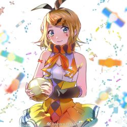 Rule 34 | 1girl, aihara-rina, arm warmers, ball, bare shoulders, black sleeves, blonde hair, blue eyes, bow, diamond (shape), dress, facial tattoo, hair bow, hair ornament, hairband, hairclip, holding, holding ball, kagamine rin, looking at viewer, neck ruff, orange dress, orange neckwear, short hair, sleeveless, sleeveless dress, smile, solo, swept bangs, tattoo, upper body, vocaloid, white background