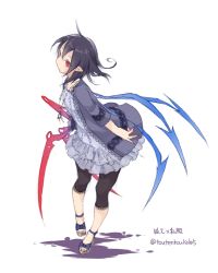 Rule 34 | 1girl, alternate costume, asymmetrical wings, black hair, black leggings, blue dress, contemporary, dress, frilled dress, frills, full body, highres, houjuu nue, jacket, leggings, looking at viewer, open clothes, open jacket, pointy ears, red eyes, short dress, short hair, simple background, solo, touhou, toutenkou, white background, wings