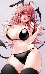 Rule 34 | 1girl, absurdres, ahoge, bare arms, bare shoulders, bikini, black bikini, black thighhighs, black wings, breasts, demon tail, fangs, head wings, highres, koakuma, large breasts, lips, long hair, looking at viewer, navel, open mouth, pointy ears, pulling own clothes, red eyes, red hair, simple background, smile, solo, stomach, strap pull, string bikini, swimsuit, tail, thighhighs, touhou, wings, zerocat