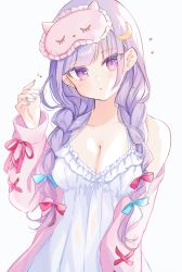 Rule 34 | 1girl, :o, absurdres, bare shoulders, blue bow, blush, bow, braid, breasts, cleavage, collarbone, commentary request, crescent, crescent hair ornament, frills, hair bow, hair ornament, hand up, highres, jacket, lingerie, long sleeves, looking at viewer, medium breasts, moko (mokochisa), nail polish, negligee, open clothes, open jacket, parted lips, patchouli knowledge, pink bow, pink jacket, pink nails, purple eyes, purple hair, simple background, sleep mask, solo, touhou, twin braids, underwear, upper body, white background