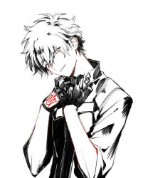 Rule 34 | 1boy, collared shirt, fate/grand order, fate (series), fujimaru ritsuka (male), glove cutout, gloves, hair between eyes, hand tattoo, hands up, head tilt, male focus, monochrome, own hands together, shirt, short hair, sleeves rolled up, smirk, solo, spot color, tattoo, upper body, urup zzz