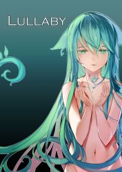 Rule 34 | 1girl, cupping hands, english text, fingernails, flat chest, gradient background, green eyes, green hair, groin, hair between eyes, hair flaps, hair over breasts, highres, long fingernails, long hair, matching hair/eyes, navel, necolab, nude, outline, own hands together, parted lips, saya (saya no uta), saya no uta, sidelocks, simple background, solo, very long hair