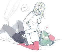 Rule 34 | 2girls, bare arms, bare shoulders, bed, black legwear, black shorts, blush, bottomless, breasts, byleth (female) (fire emblem), byleth (fire emblem), closed eyes, collarbone, couple, cunnilingus, edelgard von hresvelg, female focus, fingernails, fire emblem, fire emblem: three houses, girl on top, green hair, grey tank top, hair between eyes, hand on another&#039;s chest, heart, long hair, lying, medium breasts, multiple girls, navir log, nintendo, nipples, no panties, on back, oral, pale skin, pantyhose, pillow, scar, scar on leg, scar on stomach, shorts, simple background, sitting, sitting on face, sitting on person, sleeveless, speech bubble, stomach, straddling, tank top, thighhighs, thighs, topless, white background, white hair, yuri