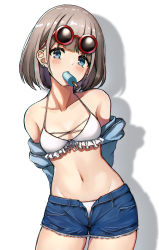 Rule 34 | 1girl, arms behind back, bikini, bikini under clothes, blue eyes, blue shirt, blue shorts, breasts, commentary, cowboy shot, cutoffs, earrings, eyewear on head, food, food in mouth, frilled bikini, frills, grey hair, halterneck, head tilt, highres, idolmaster, idolmaster shiny colors, jewelry, looking at viewer, mouth hold, navel, off shoulder, open fly, popsicle, red-framed eyewear, round eyewear, serizawa asahi, shadow, shirt, short shorts, shorts, simple background, small breasts, solo, standing, sunglasses, swimsuit, wanimaru, white background, white bikini