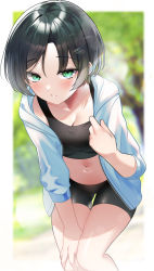 Rule 34 | 1girl, absurdres, bike shorts, black hair, black sports bra, blue jacket, blurry, blurry background, blush, border, breasts, cleavage, collarbone, depth of field, green eyes, hand on own knee, highres, jacket, leaning forward, looking at viewer, mole, mole under eye, navel, nitogebeto, original, outdoors, parted bangs, parted lips, short hair, small breasts, solo, sports bra, standing, tree trunk, unzipped