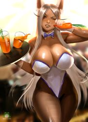 Rule 34 | 1girl, animal ears, blurry, blurry background, blush, boku no hero academia, bow, bowtie, breasts, carrot, carrot juice, cleavage, cup, dark-skinned female, dark skin, detached collar, drinking glass, fake animal ears, fang, gloves, impossible clothes, juice, large breasts, leotard, long hair, looking at viewer, mirko, nextoad, pantyhose, playboy bunny, rabbit ears, rabbit girl, red eyes, silver hair, solo, tray, very long hair, walking, watermark, white gloves