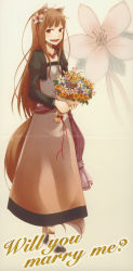 Rule 34 | 00s, 1girl, absurdres, animal ears, anklet, ayakura juu, bangle, bouquet, bracelet, brown hair, cropped jacket, dress, english text, female focus, flower, full body, hair flower, hair ornament, highres, holo, jewelry, long hair, necklace, red eyes, ribbon, scan, smile, solo, spice and wolf, tail, wolf ears, wolf tail