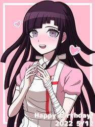Rule 34 | 1girl, :d, apron, breasts, collared shirt, cowboy shot, danganronpa (series), danganronpa 2: goodbye despair, dated, happy birthday, heart, highres, long hair, medium breasts, mole, mole under eye, open mouth, own hands together, pink background, pink eyes, pink shirt, puffy short sleeves, puffy sleeves, purple hair, shirt, short sleeves, smile, solo, suiren yurei, tearing up, teeth, tsumiki mikan, upper teeth only, white apron