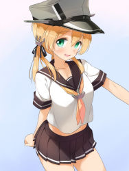 Rule 34 | 10s, 1girl, alternate costume, anchor hair ornament, blonde hair, blush, breasts, green eyes, hair ornament, hair ribbon, hat, kaisen chuui, kantai collection, long hair, looking at viewer, midriff, open mouth, prinz eugen (kancolle), ribbon, school uniform, serafuku, short sleeves, simple background, skirt, smile, solo, thighs, twintails