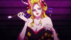 Rule 34 | 1girl, animated, anime screenshot, bare shoulders, black maria (one piece), blonde hair, blue eyes, bouncing breasts, breasts, cleavage, collarbone, earrings, hair ornament, horns, japanese clothes, jewelry, large breasts, lipstick, long hair, makeup, one piece, screencap, tagme, video