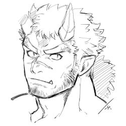 Rule 34 | 1boy, bara, broken horn, chest hair, cropped shoulders, facial hair, fang, frown, greyscale, harada (basashi), horns, long sideburns, looking at viewer, male focus, mature male, monochrome, muscular, muscular male, oni horns, orgus (f-kare), orgus (f-kare), portrait, red oni (housamo), scar, scar on chest, short hair, shoukan yuusha to f-kei kareshi, sideburns, solo, stubble, thick eyebrows, tokyo houkago summoners