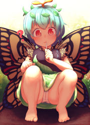 Rule 34 | 1girl, ?, antennae, aqua hair, barefoot, blush, butterfly wings, cameltoe, closed mouth, dress, eternity larva, fairy, food in mouth, green dress, hair between eyes, hair ribbon, highres, insect wings, kaabon meshi, leaf, leaf on head, multicolored clothes, multicolored dress, orange eyes, panties, ribbon, short hair, short sleeves, solo, touhou, underwear, white panties, wings