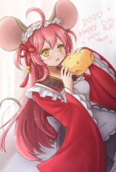 Rule 34 | 1girl, 2020, ahoge, animal ears, apron, artist self-insert, blush, cheese, chinese commentary, commentary request, dutch angle, flower knot, food, happy new year, highres, holding, holding food, japanese clothes, kemonomimi mode, kimono, long hair, looking at viewer, maid apron, maid headdress, mizuki (mizuki0929), mouse ears, mouse girl, mouse tail, new year, open mouth, original, red hair, red kimono, solo, tail, very long hair, yellow eyes