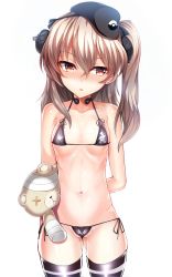 Rule 34 | 10s, 1girl, arms at sides, ass, bandages, bikini, black bikini, black thighhighs, blush, boko (girls und panzer), breasts, brown eyes, brown hair, girls und panzer, gluteal fold, hair ribbon, headphones, highres, long hair, looking to the side, micro bikini, midriff, navel, ribbon, shimada arisu, side ponytail, silly (marinkomoe), small breasts, solo, starry sky print, stomach, striped clothes, striped thighhighs, stuffed animal, stuffed toy, swimsuit, teddy bear, thighhighs, thighs, throat microphone, wojtek