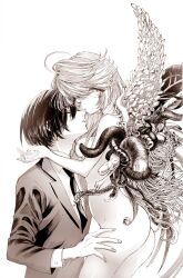 Rule 34 | 1boy, 1girl, angel wings, ass, asymmetrical wings, aya carmine, banana, body horror, bone, breasts, closed eyes, clothed male nude female, collared shirt, completely nude, cowboy shot, expressionless, feathers, flower wings, food, formal, fruit, greyscale, hand on another&#039;s thigh, hetero, highres, hitomi hirosuke (sayonara wo oshiete), holding, holding feather, leaf wings, long hair, looking at viewer, mismatched wings, monochrome, necktie, nude, parted lips, penis, plant wings, sayonara wo oshiete, shirt, simple background, small breasts, snake, sugamo mutsuki, suit, tendril, tongue, upper body, wings
