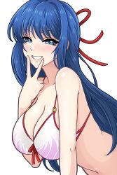 Rule 34 | 1girl, alternate costume, bare shoulders, bikini, blue eyes, blue hair, breasts, caeda (fire emblem), cleavage, commentary request, fire emblem, fire emblem: shadow dragon and the blade of light, grin, hair ribbon, hand up, highres, large breasts, long hair, looking at viewer, navel, nintendo, nirainini, red ribbon, ribbon, simple background, smile, solo, stomach, swimsuit, upper body, v, very long hair, white background, white bikini