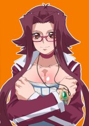 Rule 34 | 00s, 1girl, breasts, brown eyes, choker, cleavage, glasses, izayoi aki, jaga note, jewelry, large breasts, necklace, red hair, short hair, solo, yu-gi-oh!, yu-gi-oh! 5d&#039;s