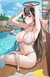 Rule 34 | 3girls, absurdres, arms up, ass, beach chair, bent over, bikini, black choker, black hair, blue archive, blue sky, breasts, choker, cloud, day, halo, highres, large breasts, long hair, multiple girls, navel, one-piece swimsuit, outdoors, palm tree, parted lips, pool, poolside, red eyes, rio (blue archive), shugo 15, sitting, sky, solo focus, stomach, swimsuit, thighs, tree, very long hair, water, wet, white bikini, wooden floor, yuuka (blue archive)