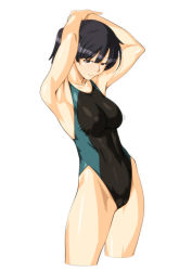 Rule 34 | 1girl, amagami, arms behind head, arms up, black eyes, black hair, black one-piece swimsuit, breasts, competition swimsuit, cowboy shot, cropped legs, medium breasts, one-piece swimsuit, ponytail, qkat (arikawa-dou), simple background, smile, solo, swimsuit, tsukahara hibiki, white background