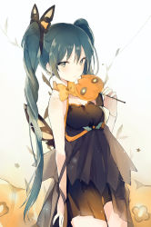 Rule 34 | 1girl, aqua eyes, aqua hair, aqua nails, arm at side, bare shoulders, black dress, bow, bowtie, breasts, camisole, closed mouth, commentary, dress, expressionless, hair ornament, halloween, hatsune miku, holding, long hair, looking at viewer, lpip, medium breasts, nail polish, orange bow, orange bowtie, pumpkin, see-through, solo, standing, star (symbol), twintails, very long hair, vocaloid