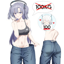 Rule 34 | 2girls, absurdres, black bra, blue archive, blue pants, blush, bra, breasts, cleavage, collarbone, denim, grey hair, groin, halo, highres, large breasts, long hair, mechanical halo, multiple girls, multiple views, navel, noa (blue archive), open mouth, pants, purple eyes, purple hair, simple background, solo focus, two side up, underwear, white background, winterflower, yuuka (blue archive)
