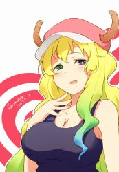 Rule 34 | 10s, 1girl, 2017, bai banca, bare shoulders, baseball cap, black shirt, blonde hair, blue hair, blush, breasts, cleavage, collarbone, dated, dragon girl, dragon horns, eyelashes, gradient eyes, gradient hair, green eyes, green hair, hand on own chest, hand to head, hand up, hat, heterochromia, highres, horns, kobayashi-san chi no maidragon, large breasts, long hair, looking at viewer, lucoa (maidragon), multicolored eyes, multicolored hair, open mouth, pink hat, purple eyes, shirt, signature, sleeveless, sleeveless shirt, slit pupils, smile, solo, tank top, upper body, wavy hair, yellow pupils