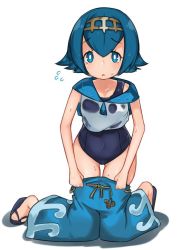 Rule 34 | 1girl, blue eyes, blue hair, creatures (company), game freak, hairband, kei (soundcross), lana (pokemon), matching hair/eyes, nintendo, one-piece swimsuit, pokemon, pokemon sm, sandals, school swimsuit, see-through, short hair, simple background, solo, swimsuit, swimsuit under clothes, trial captain, wet, wet clothes, white background