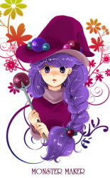 Rule 34 | 1girl, @zu, azuko (@zuco), bad id, bad pixiv id, braid, copyright name, hat, jewelry, long hair, monster maker, purple eyes, purple hair, rufia (monster maker), solo, wand, witch, witch hat