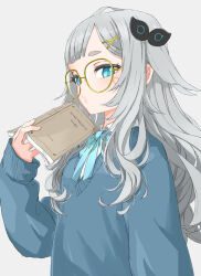 Rule 34 | 1girl, alternate costume, and uge, bespectacled, blue bow, blue bowtie, blue cardigan, blue eyes, blunt bangs, blush, book, bow, bowtie, breasts, cardigan, circle facial mark, closed mouth, collared shirt, commentary request, glasses, grey background, grey hair, hair ornament, hairclip, holding, holding book, long hair, looking at viewer, looking to the side, medium bangs, nanashi inc., o3o, rokkaku game, shirt, sidelocks, simple background, small breasts, solo, upper body, virtual youtuber, white shirt, winding key, yellow-framed eyewear