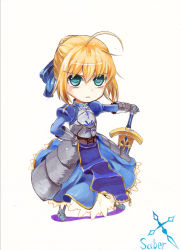 Rule 34 | 1girl, ahoge, armor, armored dress, artoria pendragon (fate), blonde hair, chibi, dress, excalibur (fate/stay night), fate/zero, fate (series), gauntlets, green eyes, hair ribbon, hands on hilt, nachu (supobake), planted sword, planted, ribbon, saber (fate), solo, sword, weapon