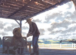 Rule 34 | 1boy, 1girl, bench, boots, cloud, couple, day, dog, farm, farmer, fence, hat, holding, holding jewelry, holding ring, jewelry, landscape, md5 mismatch, old, old man, old woman, original, marriage proposal, ring, rubber boots, rural, sime (echo), sitting, sky, smile, standing