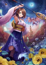 Rule 34 | 1girl, :d, arm up, black footwear, blue eyes, boots, bracelet, breasts, brown hair, crescent moon, detached sleeves, final fantasy, final fantasy x, flower, green eyes, hakama, hakama short skirt, hakama skirt, heterochromia, holding, holding staff, japanese clothes, jewelry, leaf, long sleeves, looking at viewer, medium breasts, moon, obi, open mouth, purple hakama, sasanomesi, sash, short hair, skirt, sky, smile, spirit, square enix, staff, star (sky), starry sky, valefor, white flower, wide sleeves, yellow flower, yuna