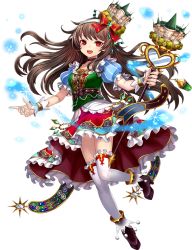 Rule 34 | 1girl, :d, alcazar of segovia (oshiro project), black footwear, brown hair, dress, food, frilled dress, frilled skirt, frills, fruit, full body, hair ornament, hair ribbon, holding, holding staff, long hair, looking at viewer, o-satomi, official art, open mouth, oshiro project:re, oshiro project:re, red eyes, ribbon, skirt, smile, solo, staff, transparent background, white legwear