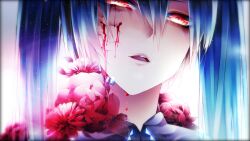 Rule 34 | 1055, 1girl, blood, blood drip, blood on face, blood on flower, blue hair, blue theme, collared shirt, commentary request, cracked skin, flower, glowing, hair between eyes, hatsune miku, highres, looking at viewer, open mouth, portrait, red eyes, red flower, red rose, red theme, rose, shade, shirt, sidelocks, solo, twintails, virtual youtuber, vocaloid, white background
